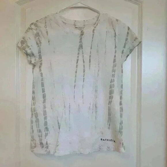 Athleta Women's White/Green Cotton Crew Neck Short Sleeve T-Shirt - Picture 4 of 8